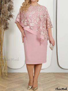 Olivia Mark - Stylish Embroidered Dress with Short Sleeves, Ruffled Hemline, and Slim Fit Pencil Skirt - Long Length Dress For Chubby, Plus Size Lace Dress, Birthday Fashion, Midi Dress Formal, Midi Pencil Dress, Dress With Short Sleeves, Floral Bodycon, Bodycon Floral Dress, Floral Embroidered Dress