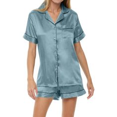 This women's satin pajama set from Alexander Del Rossa would be a great addition to any wardrobe. The short sleeved pajama top features a button down front, two front pockets and a collar with contrasting trim. The bottoms feature an elastic waist for a comfortable fit. If you're not completely satisfied with this pajama set returns are accepted. Satin Pajamas Set, Satin Pajama Set, Satin Pajama, Contrasting Trim, Satin Pyjama Set, Satin Pajamas, Pajama Top, Short Pajama Set, Lounge Set