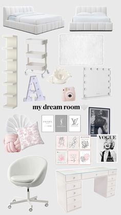 a collage of white furniture and decor with the words my dream room above it