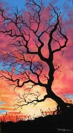 a painting of a tree against a colorful sky