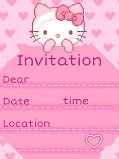 a hello kitty birthday party card with hearts