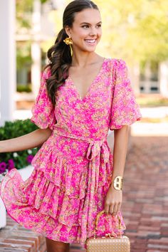 Flirty Ditsy Floral Print Summer Dress, Flirty Ditsy Floral Summer Dress, Flirty Ditsy Floral Print Dress For Garden Party, Flirty Ditsy Floral Dress For Garden Party, Flirty Floral Dress For Garden Party With Ditsy Print, Mini Floral Dress With Ditsy Print For Brunch, Pink Tiered Floral Dress With Ruffles, Flirty Floral Dress With Ditsy Print For Spring, Flirty Ditsy Floral Print Beach Dress