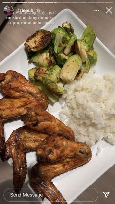 chicken wings, rice and brussel sprouts on a white square plate