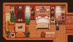 an image of a bedroom in the style of pixel art with furniture and decor on it