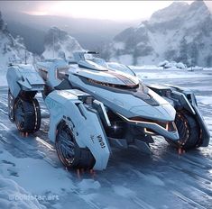 a futuristic vehicle is driving through the snow