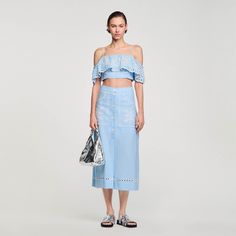 Embroidered maxi skirt | Sandro US Spring Maxi Skirt For Daywear, Spring Floral Embroidery Maxi Skirt, Spring Maxi Skirt With Pockets For Daywear, Spring Floral Embroidered Maxi Skirt, Spring Cotton Skirt With Broderie Anglaise, Summer Floral Embroidered Long Maxi Skirt, Summer Long Embroidered Skirt, Chic Spring Skirt With Floral Embroidery, Summer Embroidered Long Skirt