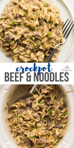 a bowl of crockpot beef and noodles on a white plate with a fork