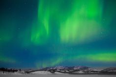 the aurora bore is shining brightly in the sky above snow covered mountains and trees,