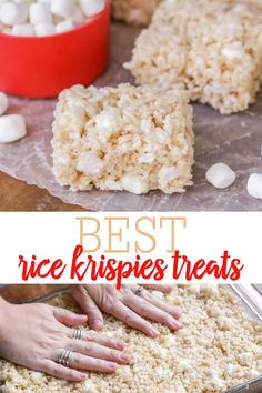 rice krispies treats with marshmallows on top and in the background, two hands reaching for one