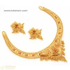 22K Gold Necklace set with ear tops - 235-GS138 - Buy this Latest Indian Gold Jewelry Design in 38.000 Grams for a low price of $1,973.99 Round Hand Set Costume Jewelry Necklace, Temple Jewelry Necklace As Gift With Elegant Design, Temple Jewelry Necklaces As Gift With Elegant Design, Elegant Temple Jewelry Necklaces As Gift, Festival Pendant Jewelry For Jewelry Making, Temple Jewelry Pendant With Elegant Design, Elegant Temple Necklace With Jewels, Elegant Temple Jewelry Pendant, Gold Costume Jewelry Necklace With Intricate Design