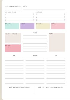 the printable planner is shown in pink, yellow and green colors with text on it