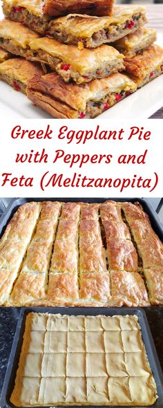 greek eggplant pie with peppers and feta melatina on a white plate