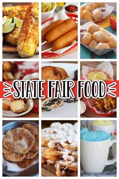 the state fair food is displayed in this collage