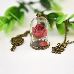 Romantic Beauty And The Beast Crystal Glass Vial Dried Rose Flower Necklace. Natural Dried Flowers Pendant. Each One Is Handmade, The Rose Is Made To Look As Close As Possible To The Real Thing! Material: Super Quality Alloy+Crystal+Dry Real Flower. Perfect Little Gift For That Special Someone. Each One Is Handmade, The Rose Is Made To Look As Close As Possible To The Real Thing! Chain Type: Link Chain Chain Length: 87cm Pendant Size: 36*20mm Collar Rosa, Rose In A Glass, Vial Necklace, Glass Rose, Enchanted Rose, Necklace Elegant, Bottle Necklace, Glass Vials, Rose Pendant