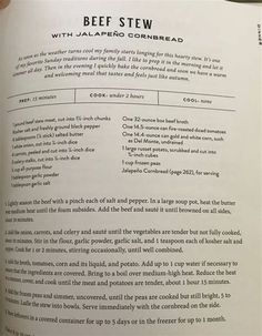 an open book with instructions on how to cook beef stew