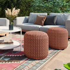 Wynne Round Knitted Outdoor/ Indoor Pouf Knitted Pouf, Outdoor Pouf, Pouf Ottoman, Pet Bottle, Outdoor Indoor, Recycled Fabric, Accent Furniture, Quality Furniture, Outdoor Ottoman