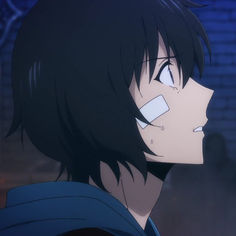 an anime character with black hair and blue eyes looking at something in the distance on his face