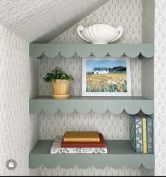 two shelves with books and a potted plant on top of them in front of a wallpapered ceiling