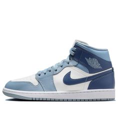 (WMNS) Air Jordan 1 Mid 'Two-Tone Blue' BQ6472-140 Air Jordan 1 Mid Blue, Blue Air Jordan 1, Jordan Design, Air Logo, Original Air Jordans, Wmns Air Jordan 1, Top Basketball Shoes, Blue Jordans, Blue Air