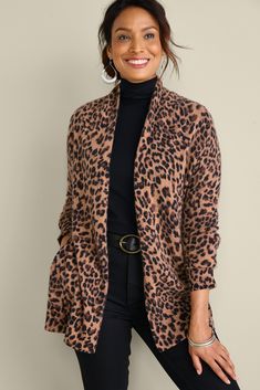 We love the liquid drape of this luscious cashmere cardigan, printed with leopard spots. It's super-soft to the touch and slightly oversized with relaxed dropped shoulders, so you'll want to wrap up in it every chance you get. Side seam pockets. Casual Leopard Print Winter Cardigan, Luxury Chic Leopard Print Outerwear, Luxury Fitted Leopard Print Outerwear, Cheetah Cardigan, Luxury Long Sleeve Leopard Print Outerwear, Tunic Leggings, Jcrew Oversized Leopard Print Cardigan, Suede Fashion, Leopard Spots