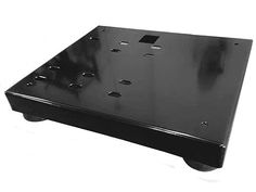 a black metal shelf with holes and screws on the bottom for storage or display