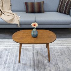 a living room with a blue couch and wooden coffee table in front of the couch