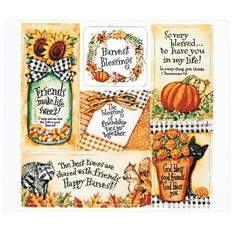 a set of four thanksgiving cards with pumpkins, sunflowers and other items