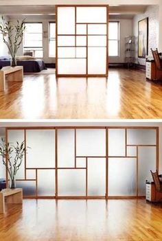 three different views of a living room with wood flooring and white walls, including the windows