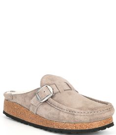 From Birkenstock, the Women's Buckley Shearling Loafer Mules feature:Suede upper with buckle detailSlip-on designGenuine sheep shearling (New Zealand) liningContoured cork-latex footbed supports the arches of the feet and cradles the heel for all-day comfortRubber blend outsoleApprox. 0.5" wedge heel heightBirkenstock footwear is made in European whole sizes. The style selected is a Birkenstock narrow footbed that will fit most med Birkenstock Buckley Outfit, Shearling Birkenstock Outfit, Shearling Clogs, Birkenstock Buckley, Birkenstock Outfit, Loafers Outfit, Birkenstock Women, Loafer Mules, Womens Slides