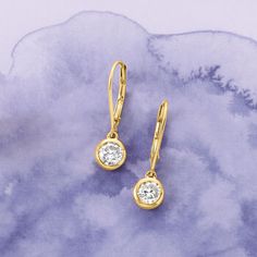 Ross-Simons - 1.00 ct. t. w. Bezel-Set Diamond Drop Earrings in 14kt Yellow Gold. Dazzling 1.00 ct. t. w. round brilliant-cut diamonds are bezel-set in shining 14kt yellow gold. The perfect pair of drop earrings for your everyday look. Hanging length is 7/8". Leverback, diamond drop earrings. Diamond birthstones are the perfect gift for April birthdays. Diamond Drop Earrings Simple, Drop Earrings Diamond, Diamond Wrap Ring, Bridal Necklace Designs, Diamond Pendent, Diamond Pendants Designs, Jewellery Design Sketches, Custom Bling, Square Necklace