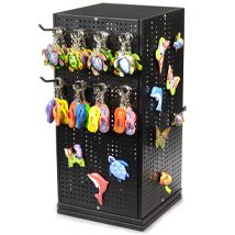 a black metal rack with lots of key chains and toys hanging from it's sides