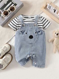 Baby Boy Cartoon Graphic 3D Ear Design Denim Romper Blue   Sleeveless Denim Cartoon,Colorblock,Geometric,Plain  Non-Stretch  Newborn Baby Clothing, size features are:Bust: ,Length: ,Sleeve Length: Newborn Baby Onesies, Baby Boy Cartoon, Boy Cartoon, Baby Boy Clothes Newborn, Ear Design, Boys Stripes, Kids Couture, Boy Onesie, Baby Boy Onesies