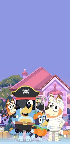 the cartoon characters are standing in front of a pink house with a pirate hat on