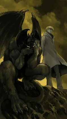 a man standing next to a demon on top of a hill