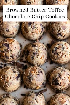 brown butter toffee chocolate chip cookies on a baking sheet with text overlay