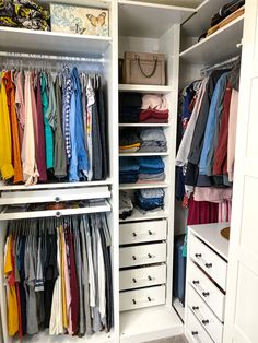 an organized closet with clothes and drawers