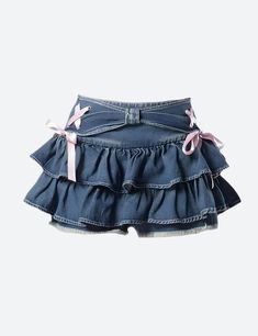 These jeans offer a fresh take on the denim trend with a playful, low-rise waist and flared silhouette. The layered mini design injects a youthful exuberance, while the skort functionality ensures practicality. It's a stylish ode to fun and freedom—ideal for those who dance to their own beat. Denim material Ruffled design Ribbon lace up details at side Denim belt detail at front Distressed detail at shorts Low rise Cotton, polyester Crop Pullover, Ruffle Mini Skirt, Trendy Denim, Pink Bows, Denim Trends, Denim Material, Really Cute Outfits, Women Shirts Blouse