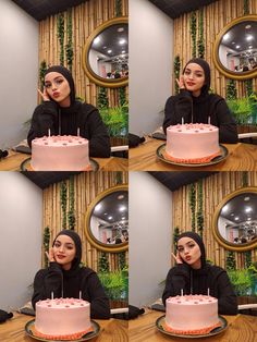 a woman sitting in front of a pink cake