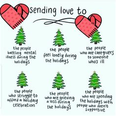 a christmas card with the words sending love to each other and two heart shaped mitts