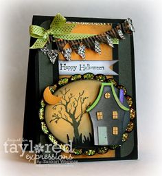 a handmade halloween card with a house and tree on the front, happy halloween