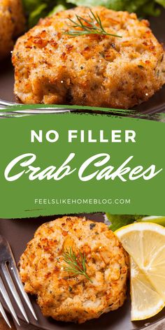 no filler crab cakes on a plate with lemon wedges