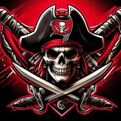 a pirate skull with two swords and a crossbone on it's chest, in front of a red background