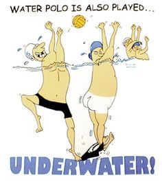 an advertisement for water polo is shown in this humorous cartoon, which depicts two men jumping into the water to catch a ball