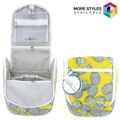 an open yellow and white bag with pineapples on the side, next to it's zippered compartment