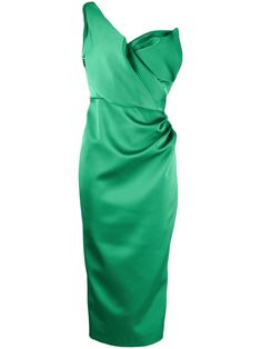 One-shoulder Ruched Bodice Midi Dress For Cocktail, Green Ruched Bodice Midi Dress For Evening, Green Midi Dress With Ruched Bodice For Evening, Ruched Satin Sheath Midi Dress, Fitted Green Satin One-shoulder Dress, Green Fitted One-shoulder Satin Dress, Green Sleeveless Satin Dress For Formal Occasions, Elegant Green Midi Dress With Ruched Bodice, Green One-shoulder Satin Dress