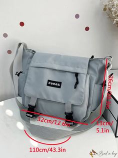 BirdinBag - Square Bag with Patch Detail and Decorative Release Buckle Gray Canvas Shoulder Bag For School, Gray Shoulder Bag For School, Gray Crossbody Shoulder Bag For School, Trendy Gray Portable Bag, Large Capacity Flap Shoulder Bag For School, Portable Gray Rectangular Shoulder Bag, Rectangular Gray Shoulder Bag, Gray Satchel Shoulder Bag With Pockets, Gray School Bag With Adjustable Strap