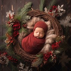 a newborn baby wrapped in a red blanket and wearing a knitted hat sits in a christmas wreath