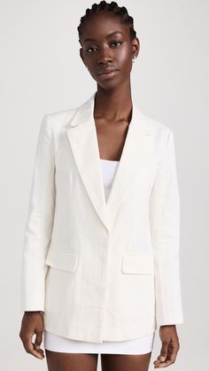 Linen Blazer With Pockets And Flat Front, Classic Relaxed Fit Blazer With Pockets, White Linen Outerwear With Welt Pockets, Spring Blazer With Spread Collar And Pockets, Spring Blazer With Pockets And Spread Collar, White Linen Outerwear With Pockets, White Single Button Linen Outerwear, White Linen Single Button Outerwear, White Linen Outerwear With Single Button