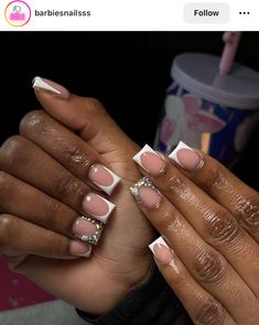 Short Square Nails French Tip Design, Bling Out French Tip Nails, Short White Acrylic Nails French Tip, Cute Birthday Short Nails, Nails For Freshman, Nail Short French Tip, Summer Shorties Nails Designs, Frenchies Nails Medium, Small Bling Nails