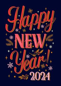 a happy new year card with lettering and snowflakes